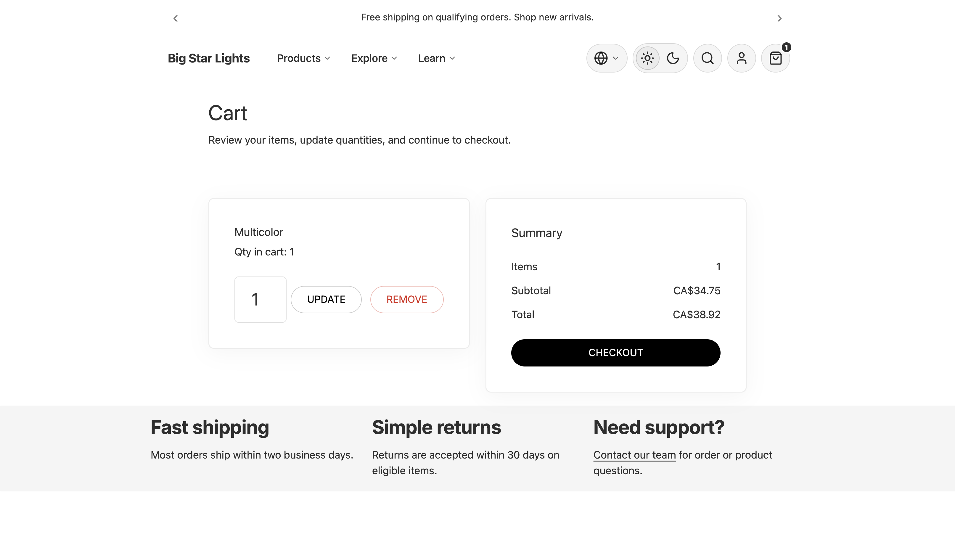 Cart page with line items, summary, and header utilities