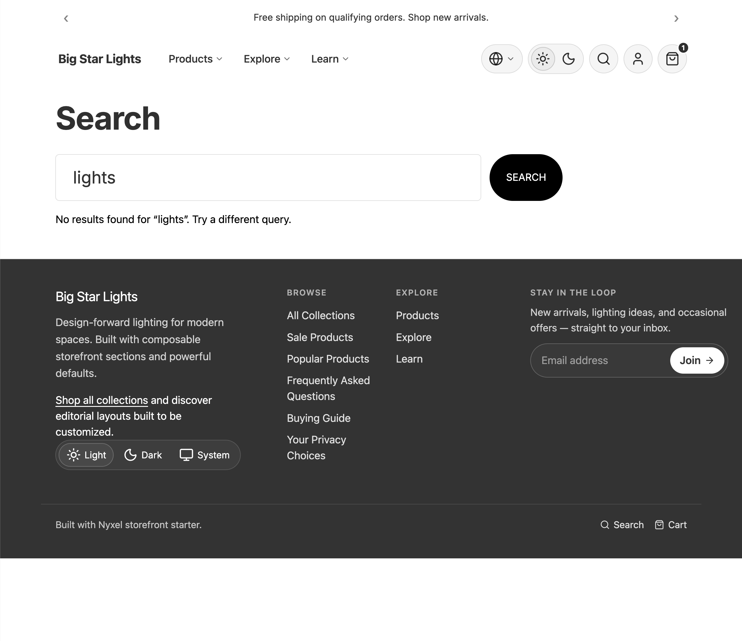 Search template with query field and results layout