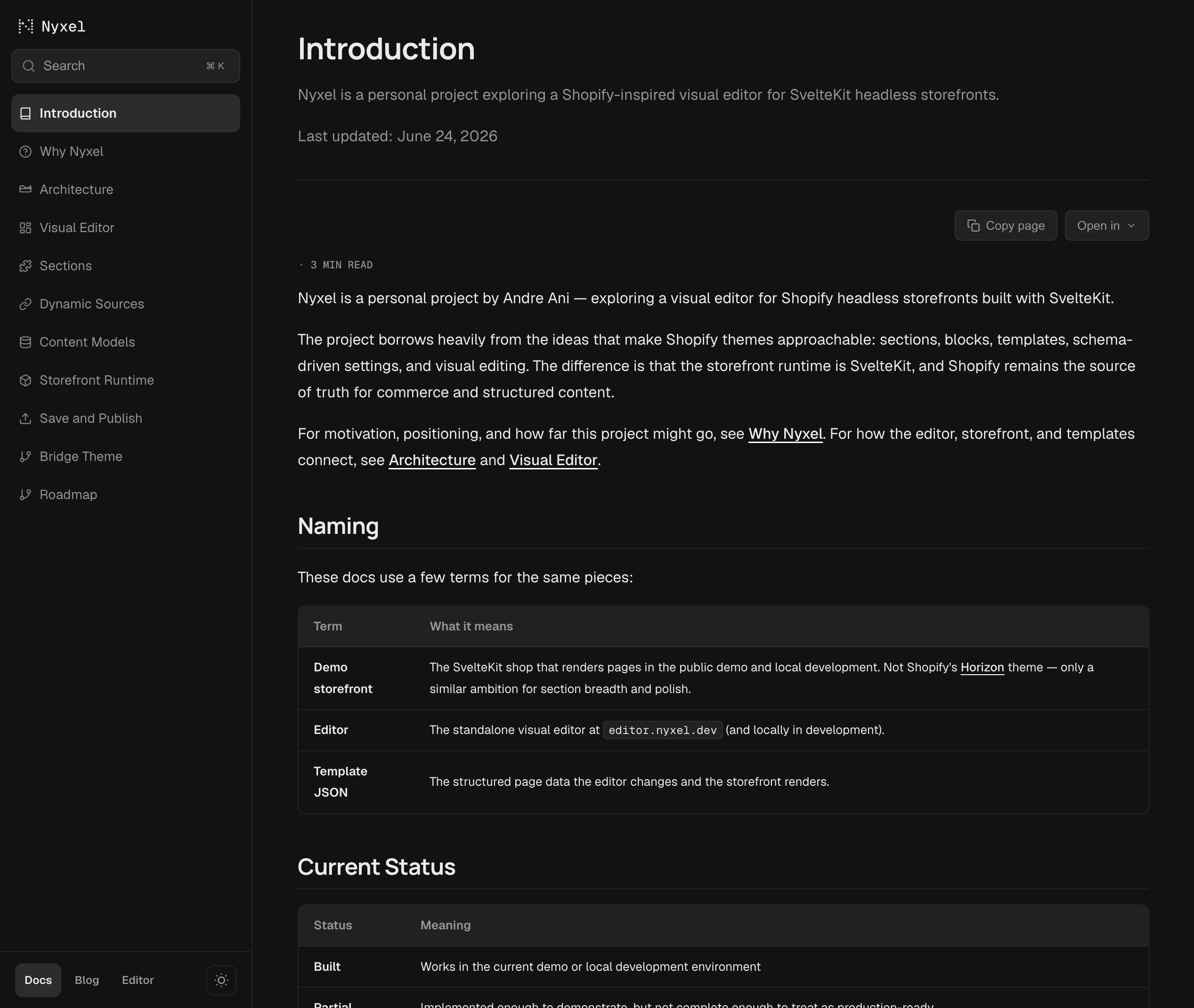 Docs introduction with rebuilt sidebar and status tables