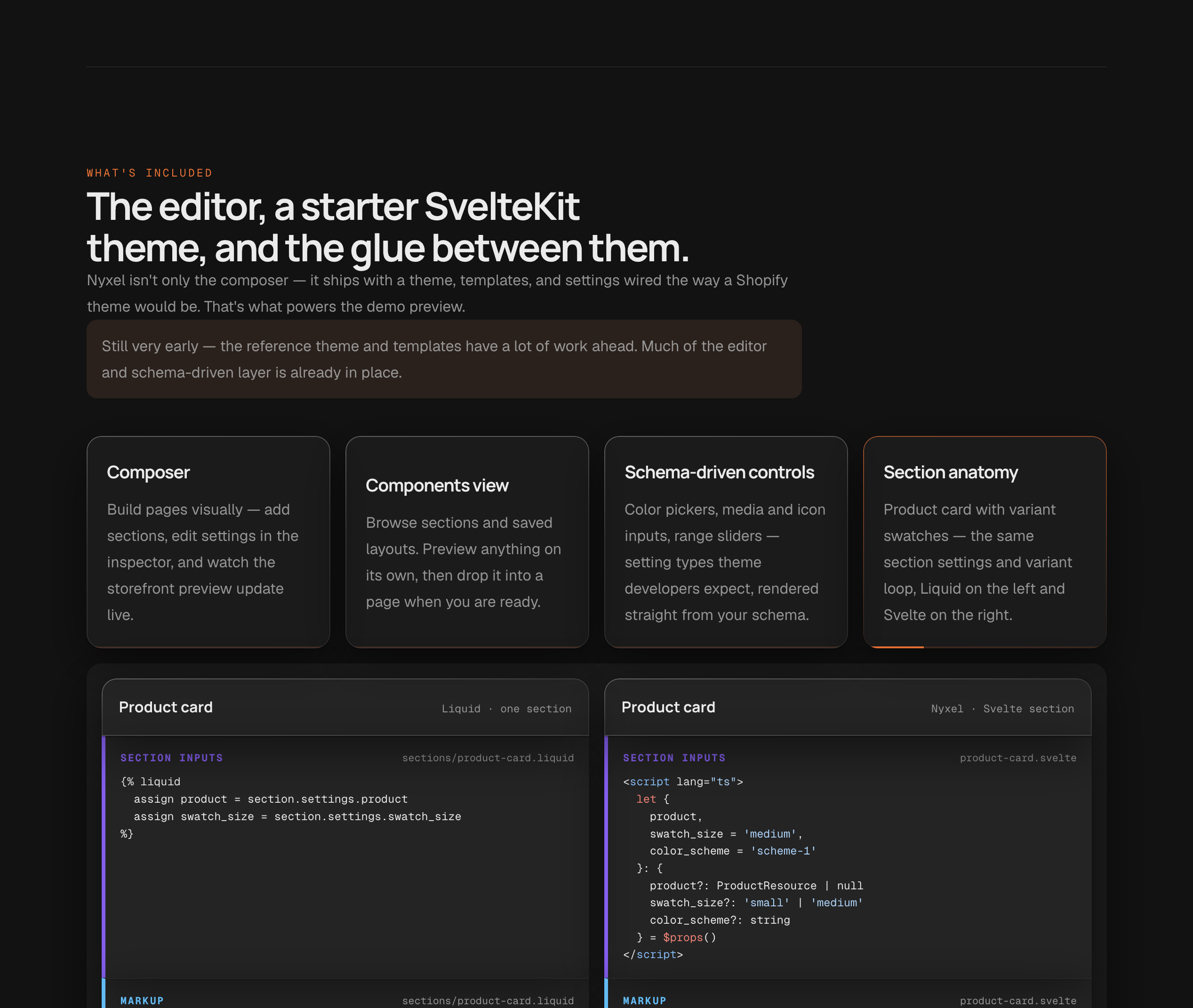 Liquid and Svelte product-card sections side by side on the homepage