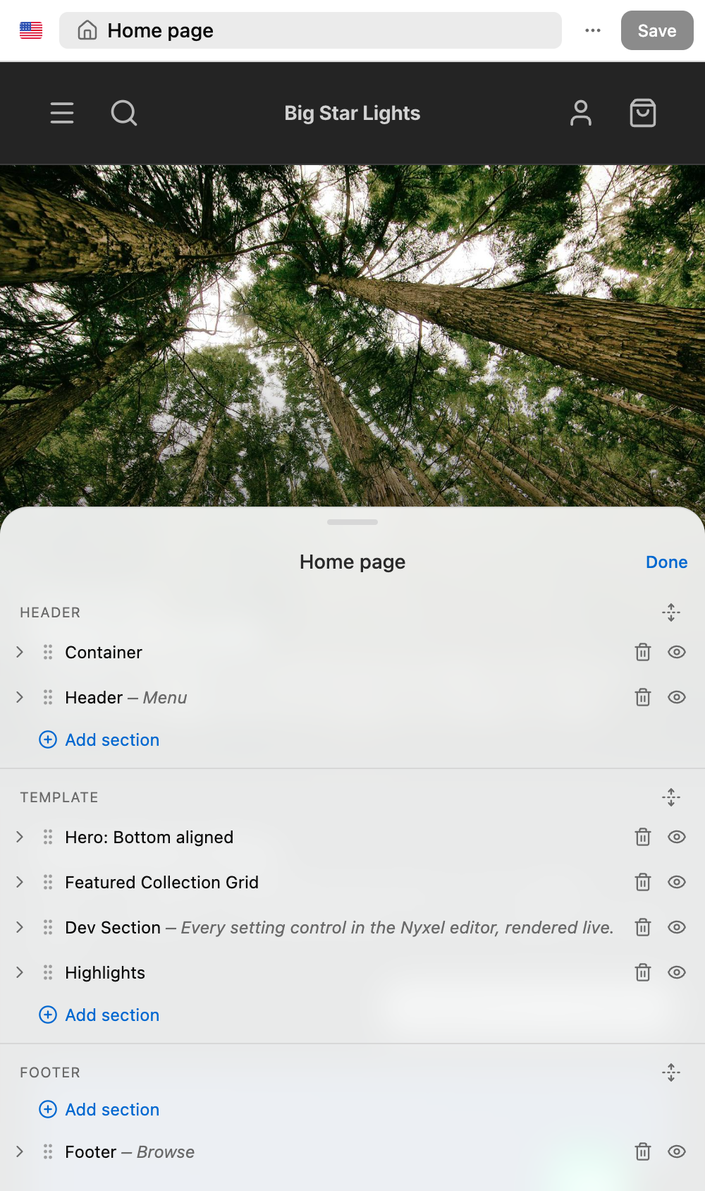 Mobile Navigator in Edit mode with drag handles and row actions visible