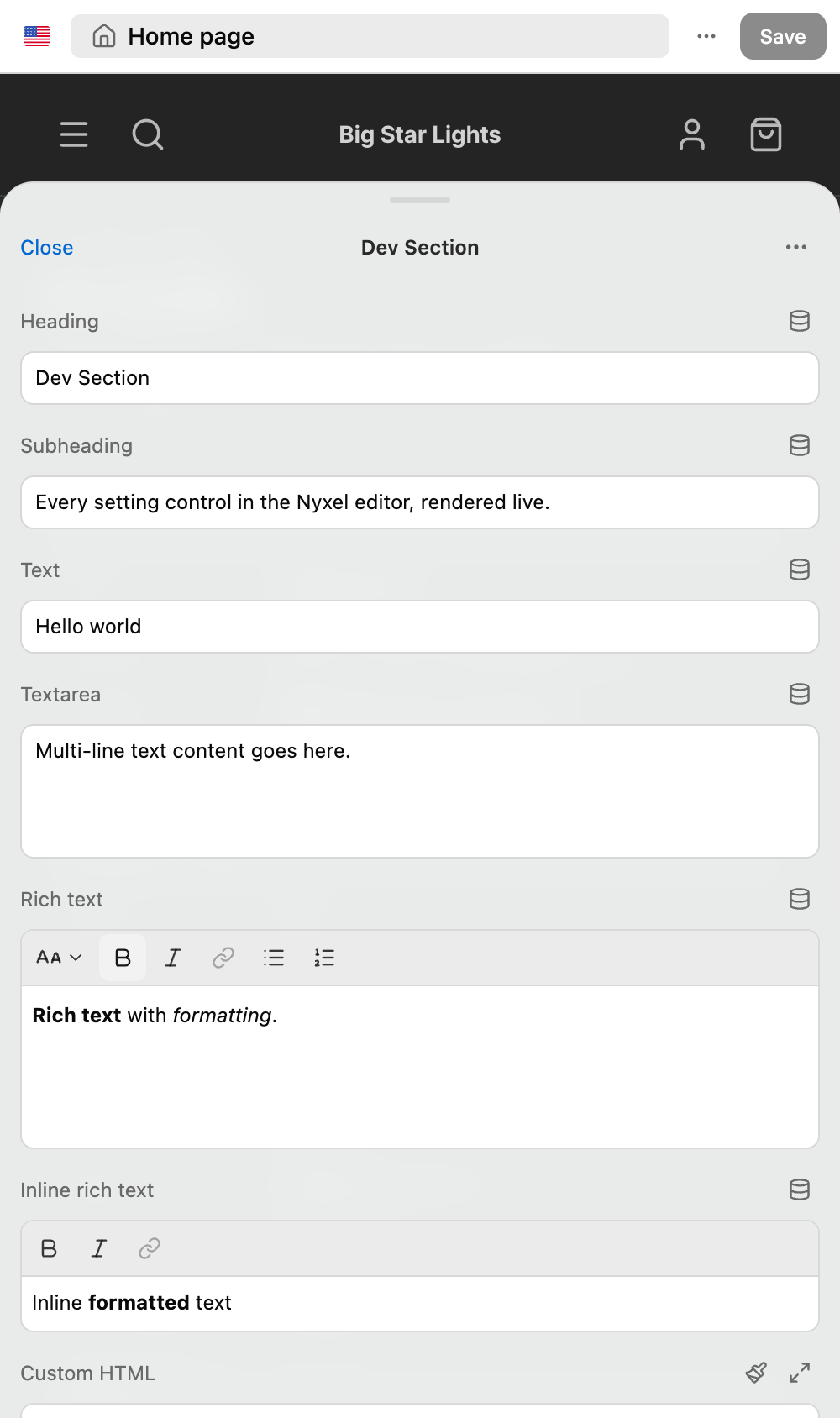 Mobile Inspector sheet showing settings for the selected Dev Section