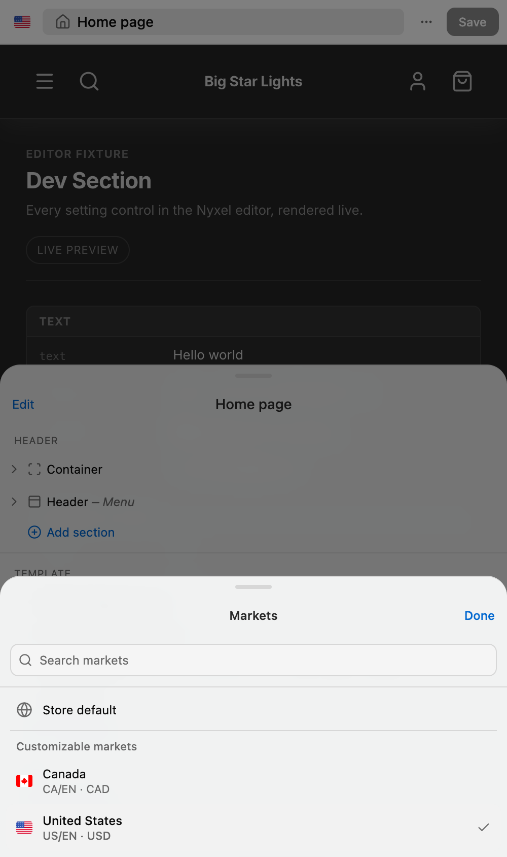 Mobile Markets sheet with Store default, Canada, and United States options