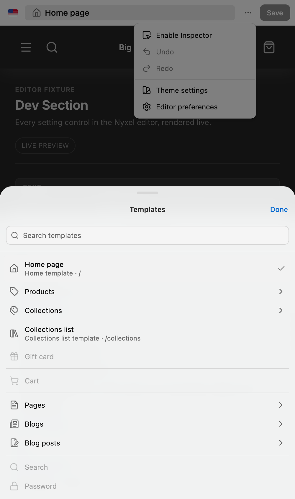 Mobile Templates sheet with template type labels