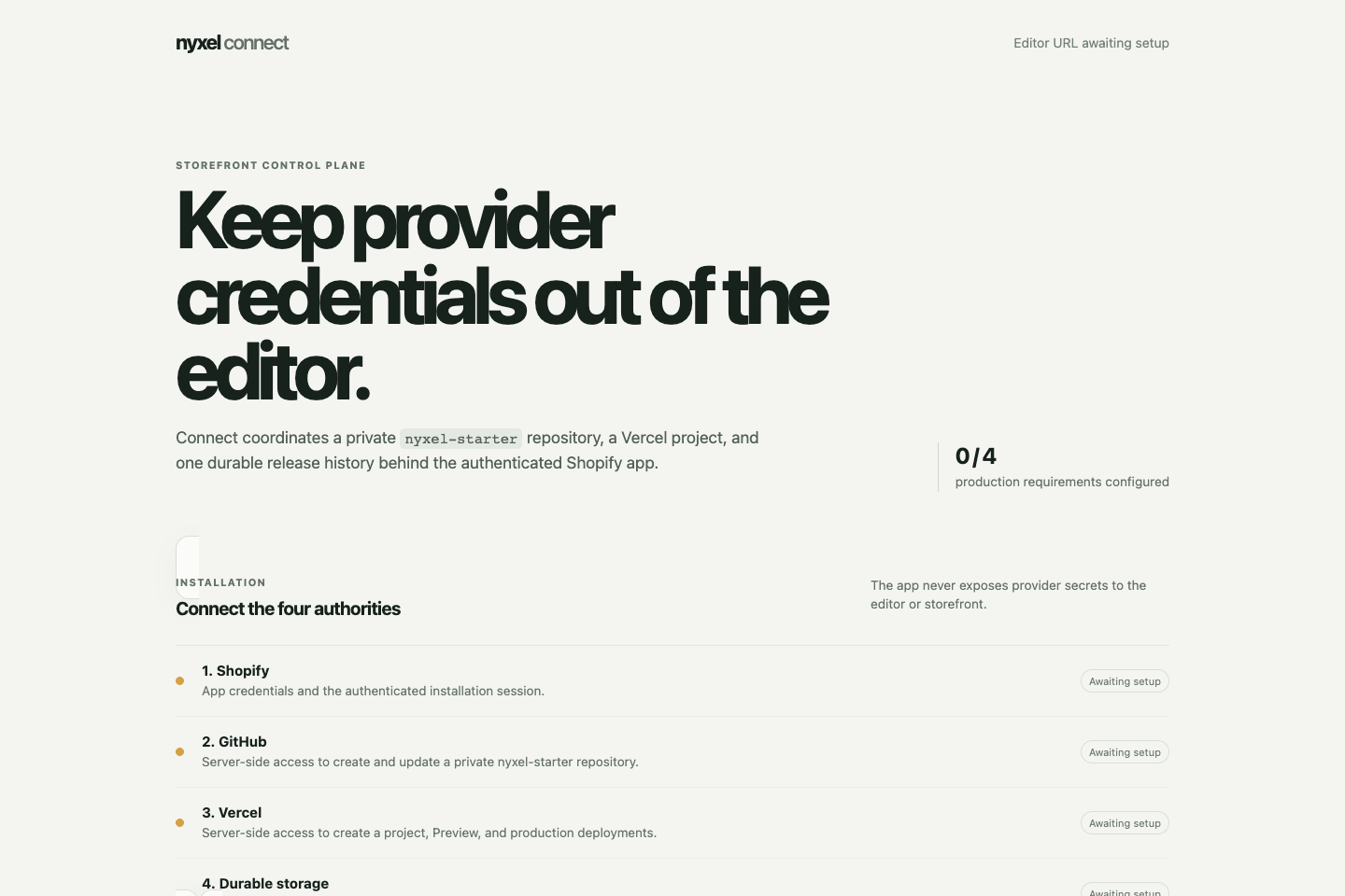 Nyxel Connect showing provider readiness, merchant onboarding, and the release model.
