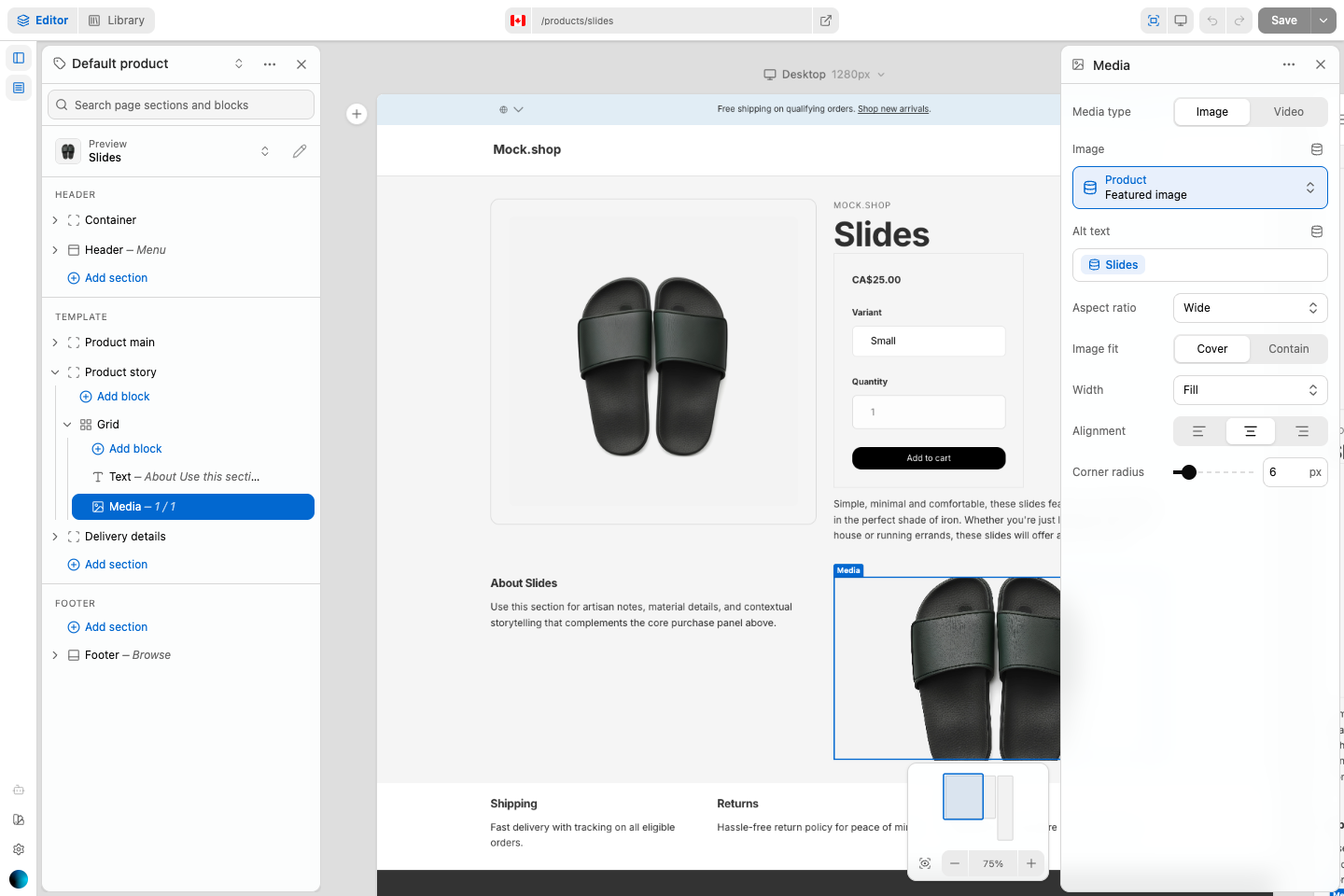 Nyxel Editor view with a live storefront preview and inspector