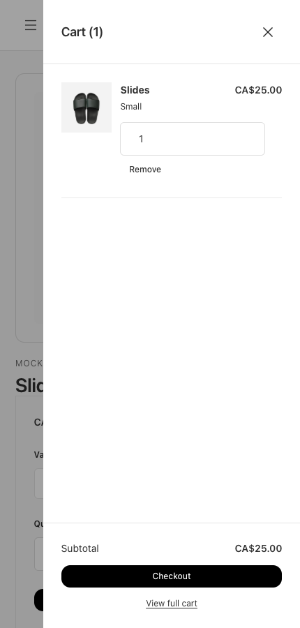 Nyxel reference storefront cart drawer with a product image, quantity, subtotal, and checkout action.