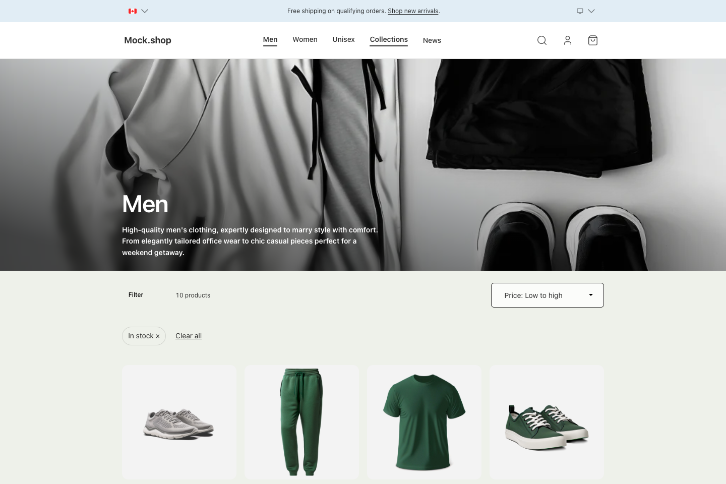Nyxel reference storefront collection page with filtering and sorting controls.